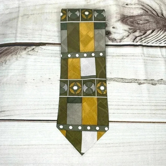 Carlo Palazzi Mens 100% Silk Tie 56” Gold Brown White Geometric 4” Wide - Picture 2 of 8